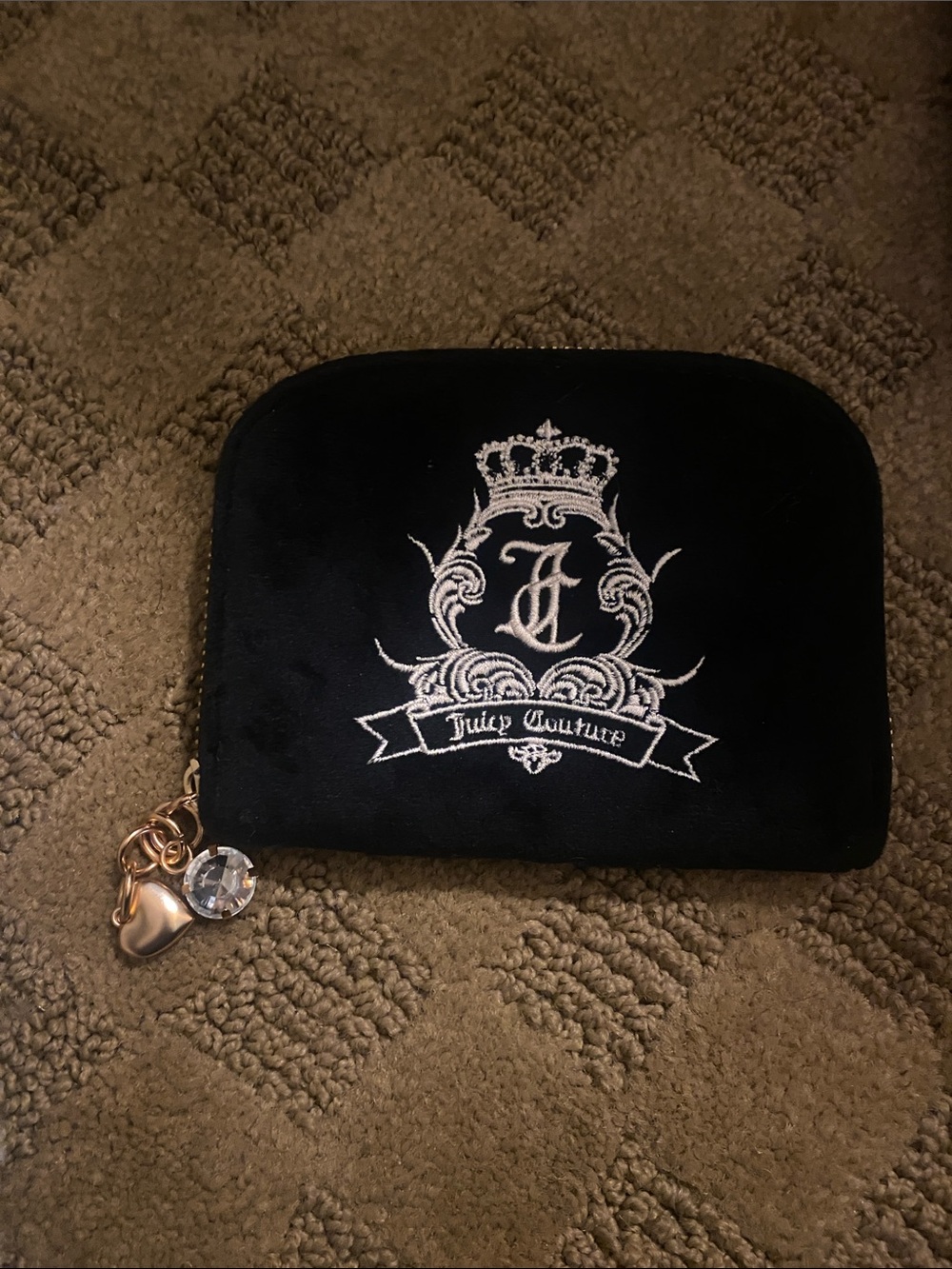 Juicy Couture Black Velvet Zip Coin Pouch with Charm Accent